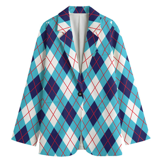 White Blue And Red Argyle Pattern Print Women's Cotton Blazer