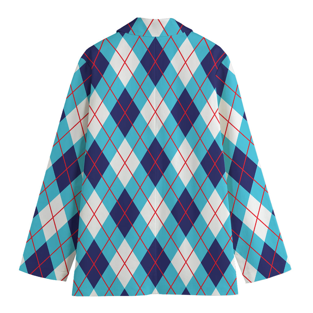 White Blue And Red Argyle Pattern Print Women's Cotton Blazer