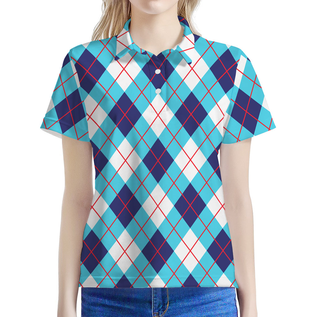 White Blue And Red Argyle Pattern Print Women's Polo Shirt