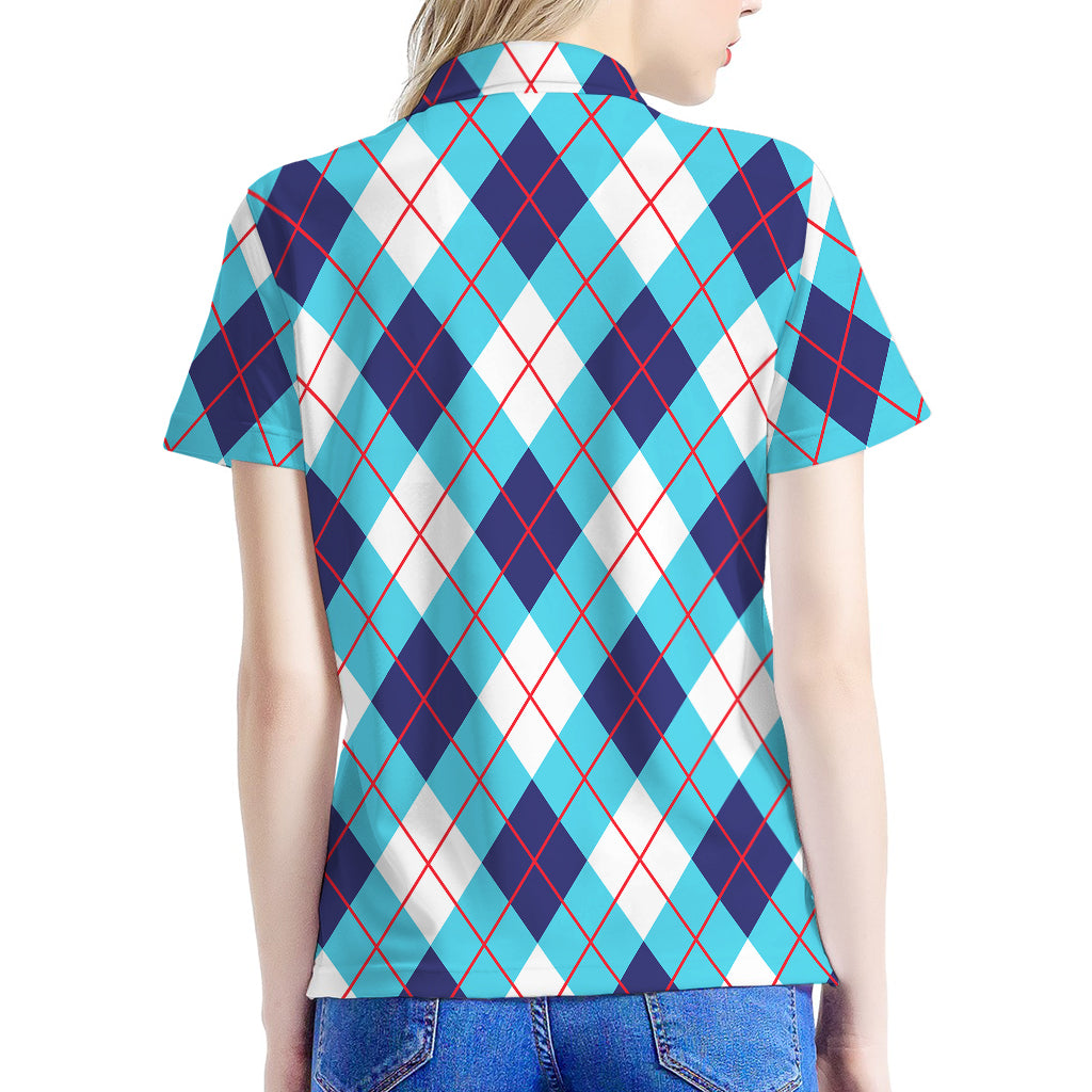 White Blue And Red Argyle Pattern Print Women's Polo Shirt
