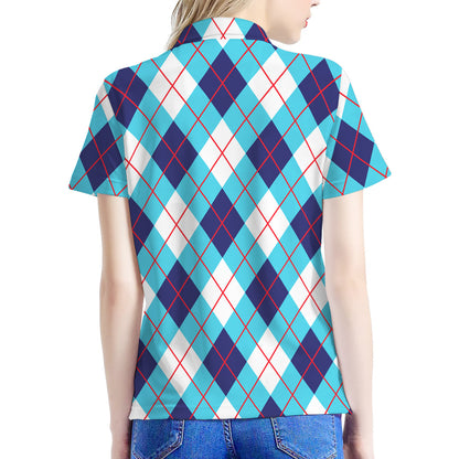 White Blue And Red Argyle Pattern Print Women's Polo Shirt