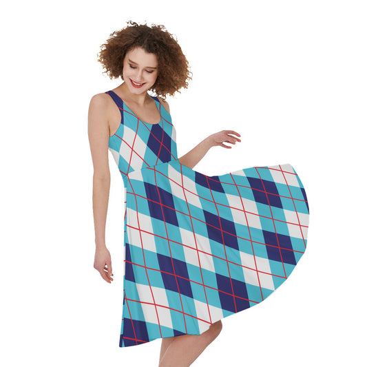 White Blue And Red Argyle Pattern Print Women's Sleeveless Dress