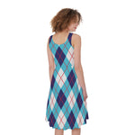 White Blue And Red Argyle Pattern Print Women's Sleeveless Dress