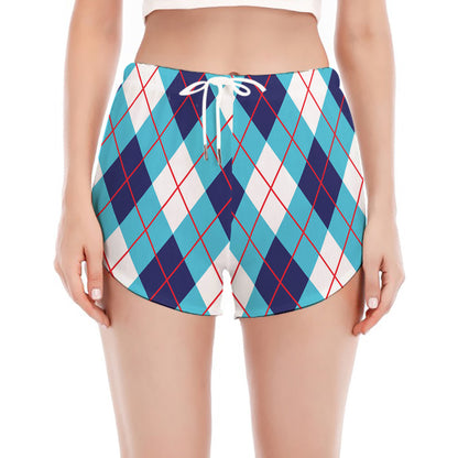 White Blue And Red Argyle Pattern Print Women's Split Running Shorts