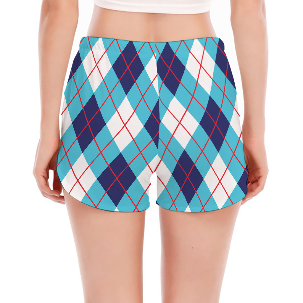 White Blue And Red Argyle Pattern Print Women's Split Running Shorts