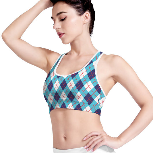 White Blue And Red Argyle Pattern Print Women's Sports Bra