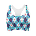 White Blue And Red Argyle Pattern Print Women's Sports Bra