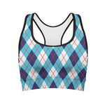 White Blue And Red Argyle Pattern Print Women's Sports Bra