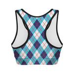 White Blue And Red Argyle Pattern Print Women's Sports Bra