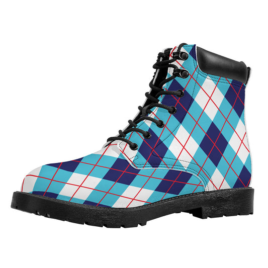White Blue And Red Argyle Pattern Print Work Boots