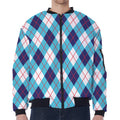 White Blue And Red Argyle Pattern Print Zip Sleeve Bomber Jacket
