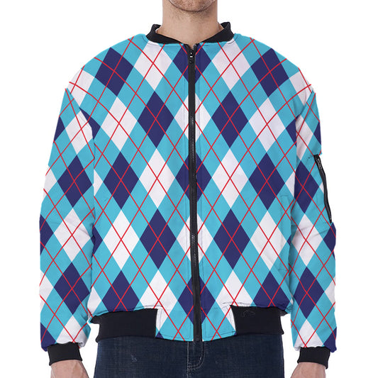 White Blue And Red Argyle Pattern Print Zip Sleeve Bomber Jacket