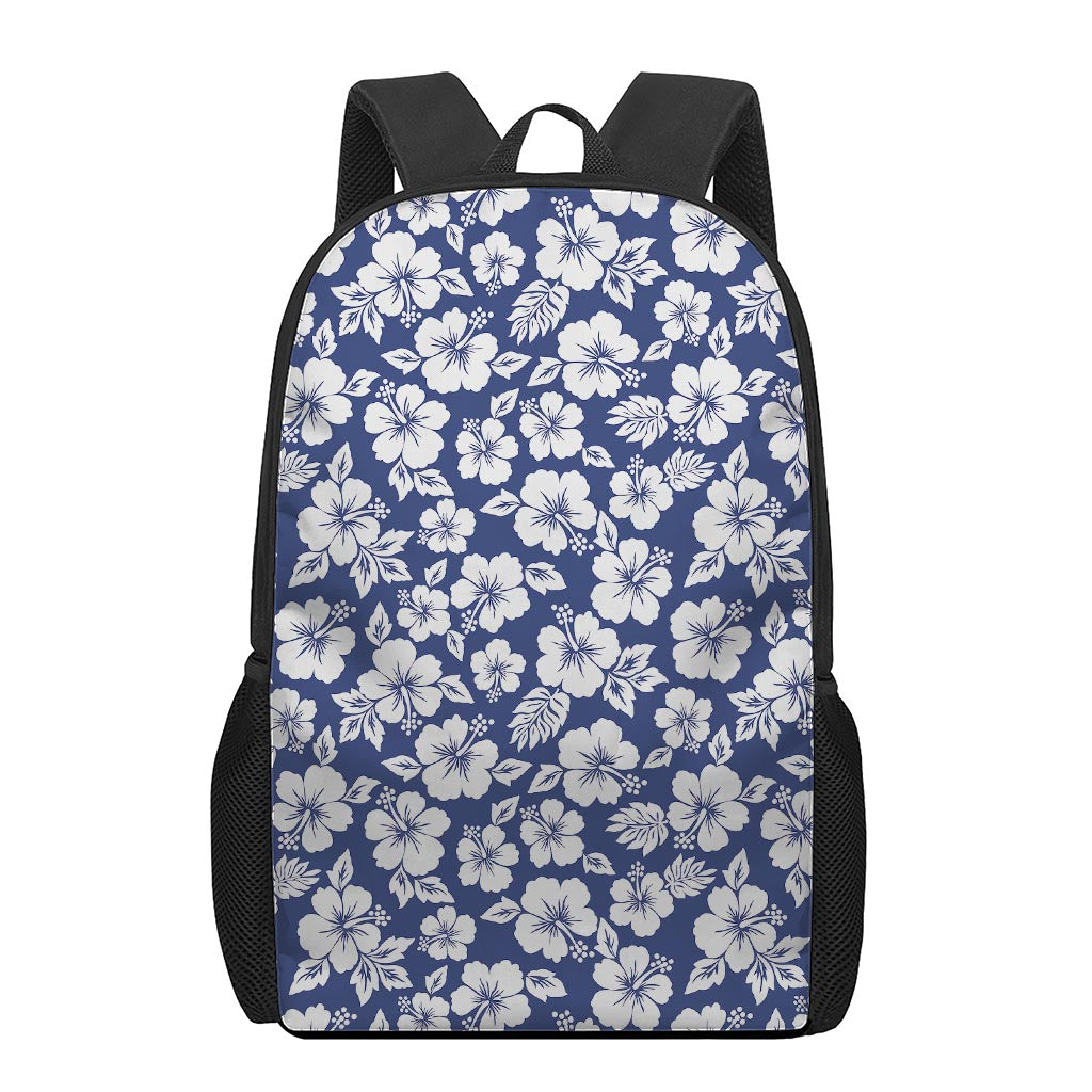 White Blue Hibiscus Floral Pattern Print 17 Inch Backpack