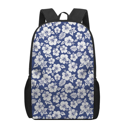 White Blue Hibiscus Floral Pattern Print 17 Inch Backpack