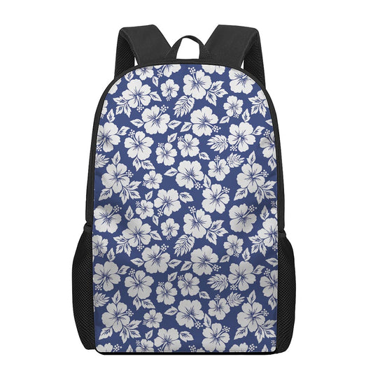 White Blue Hibiscus Floral Pattern Print 17 Inch Backpack