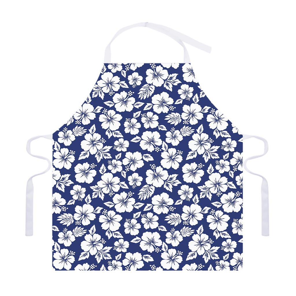 White Blue Hibiscus Floral Pattern Print Adjustable Apron