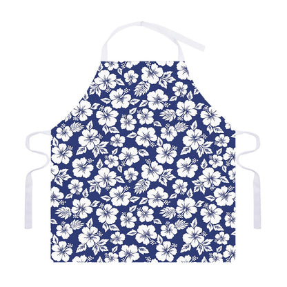 White Blue Hibiscus Floral Pattern Print Adjustable Apron
