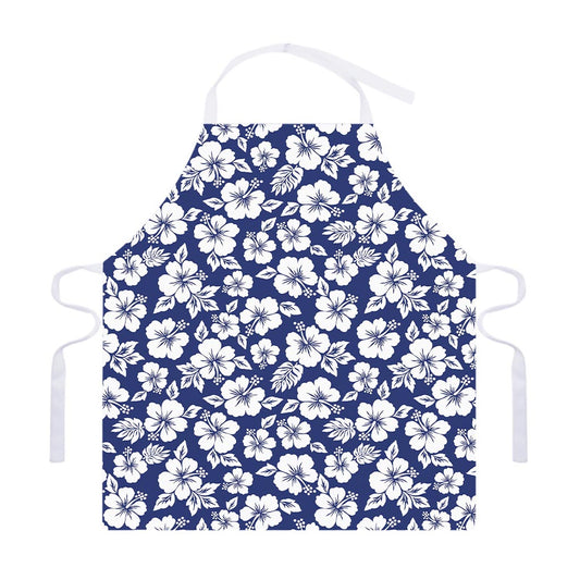 White Blue Hibiscus Floral Pattern Print Adjustable Apron