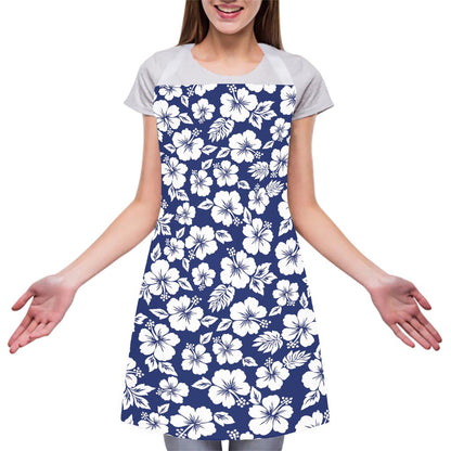 White Blue Hibiscus Floral Pattern Print Adjustable Apron