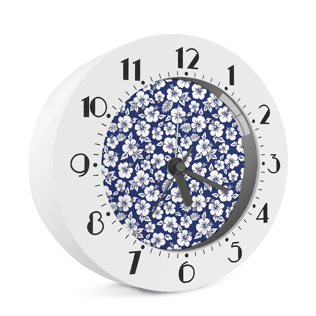 White Blue Hibiscus Floral Pattern Print Alarm Clock