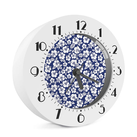 White Blue Hibiscus Floral Pattern Print Alarm Clock