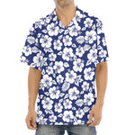 White Blue Hibiscus Floral Pattern Print Aloha Shirt
