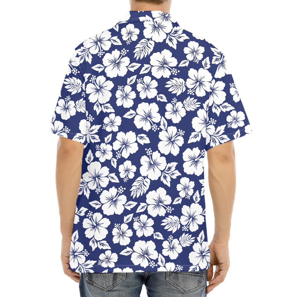 White Blue Hibiscus Floral Pattern Print Aloha Shirt