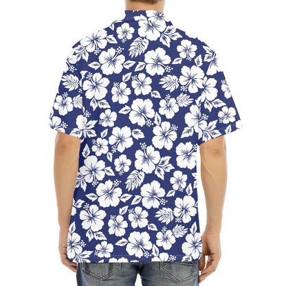 White Blue Hibiscus Floral Pattern Print Aloha Shirt