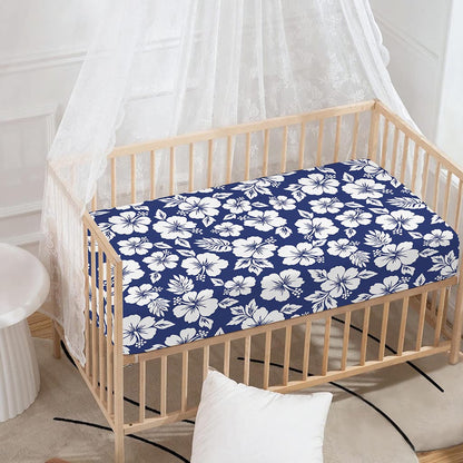 White Blue Hibiscus Floral Pattern Print Baby Crib Sheet