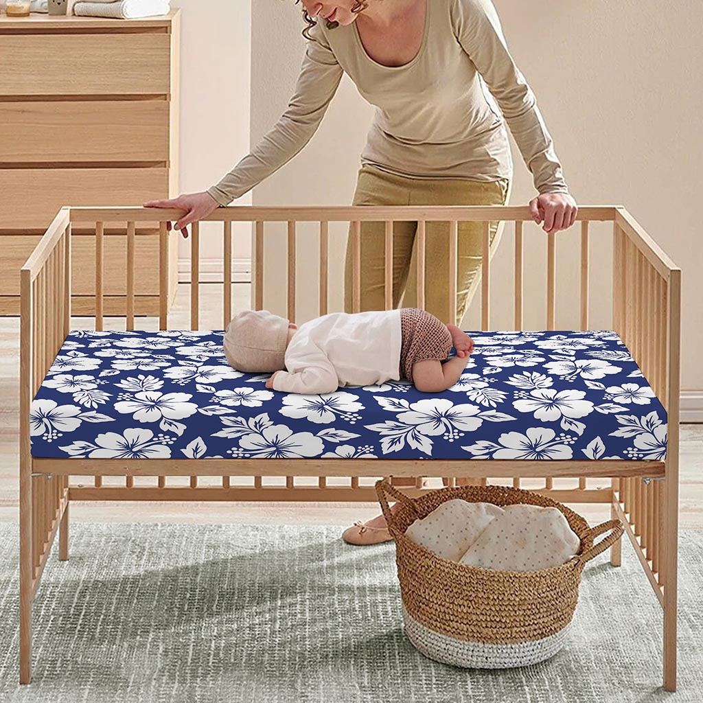 White Blue Hibiscus Floral Pattern Print Baby Crib Sheet