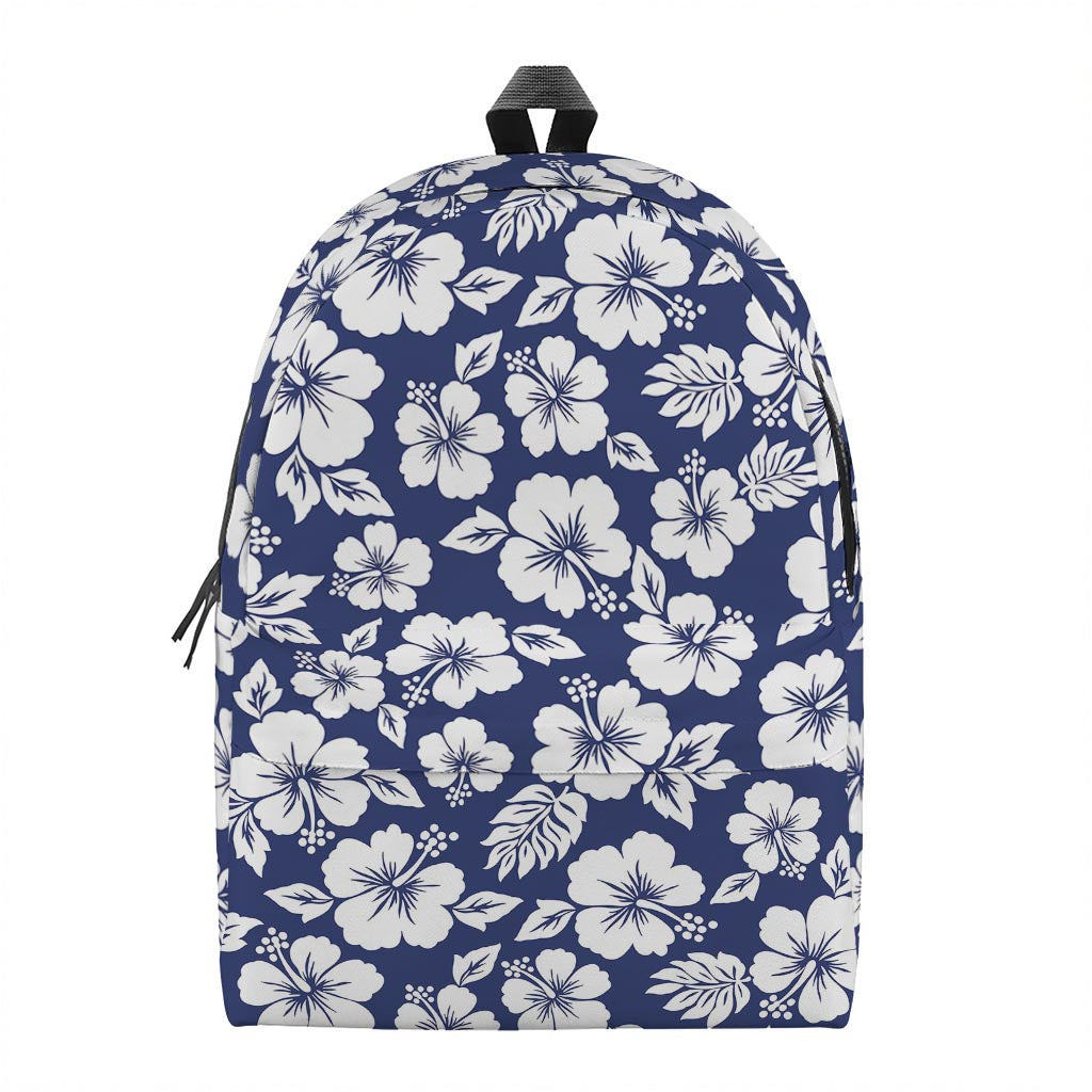 White Blue Hibiscus Floral Pattern Print Backpack