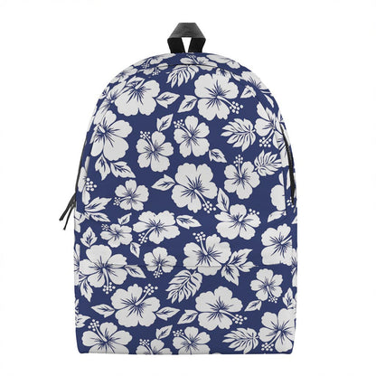 White Blue Hibiscus Floral Pattern Print Backpack