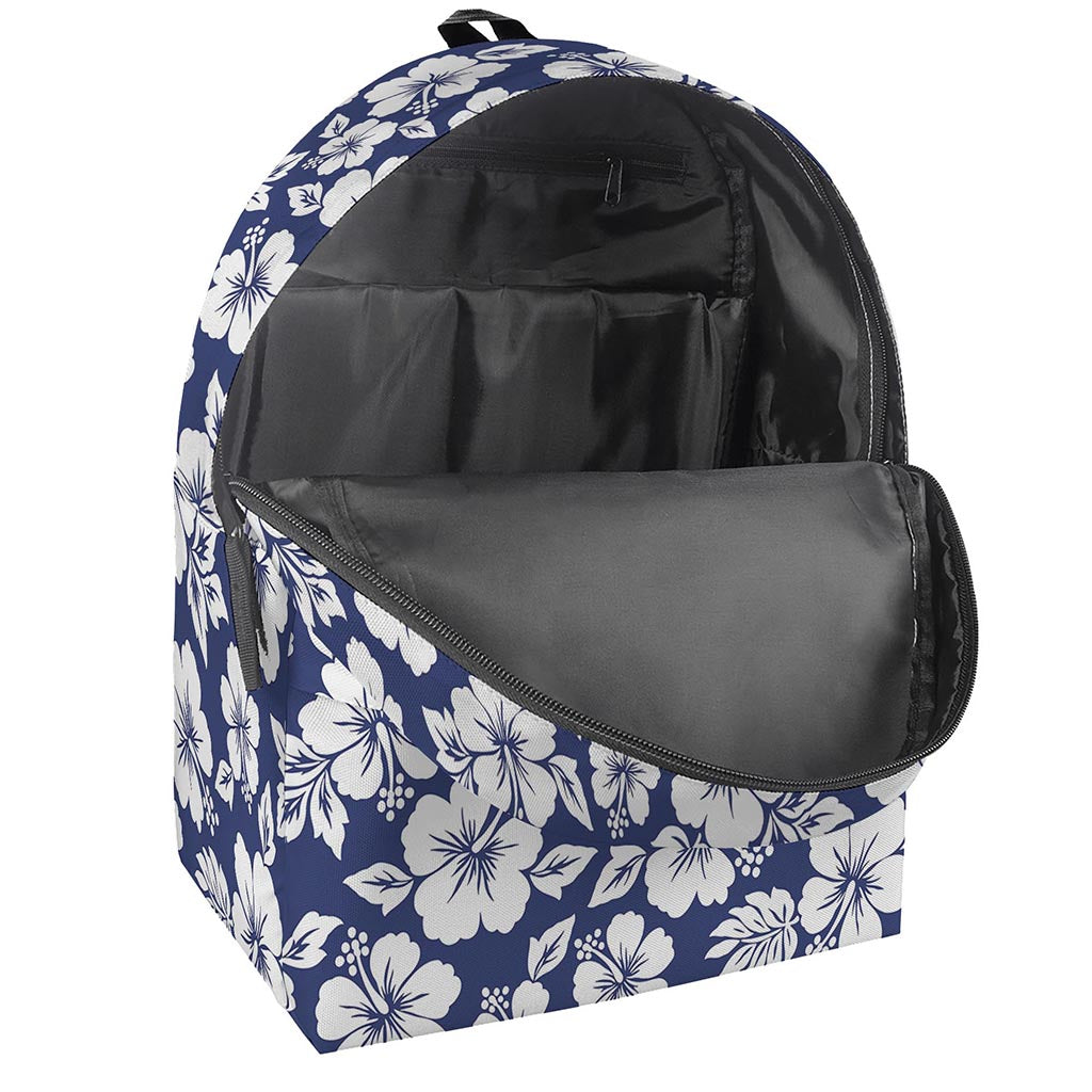 White Blue Hibiscus Floral Pattern Print Backpack