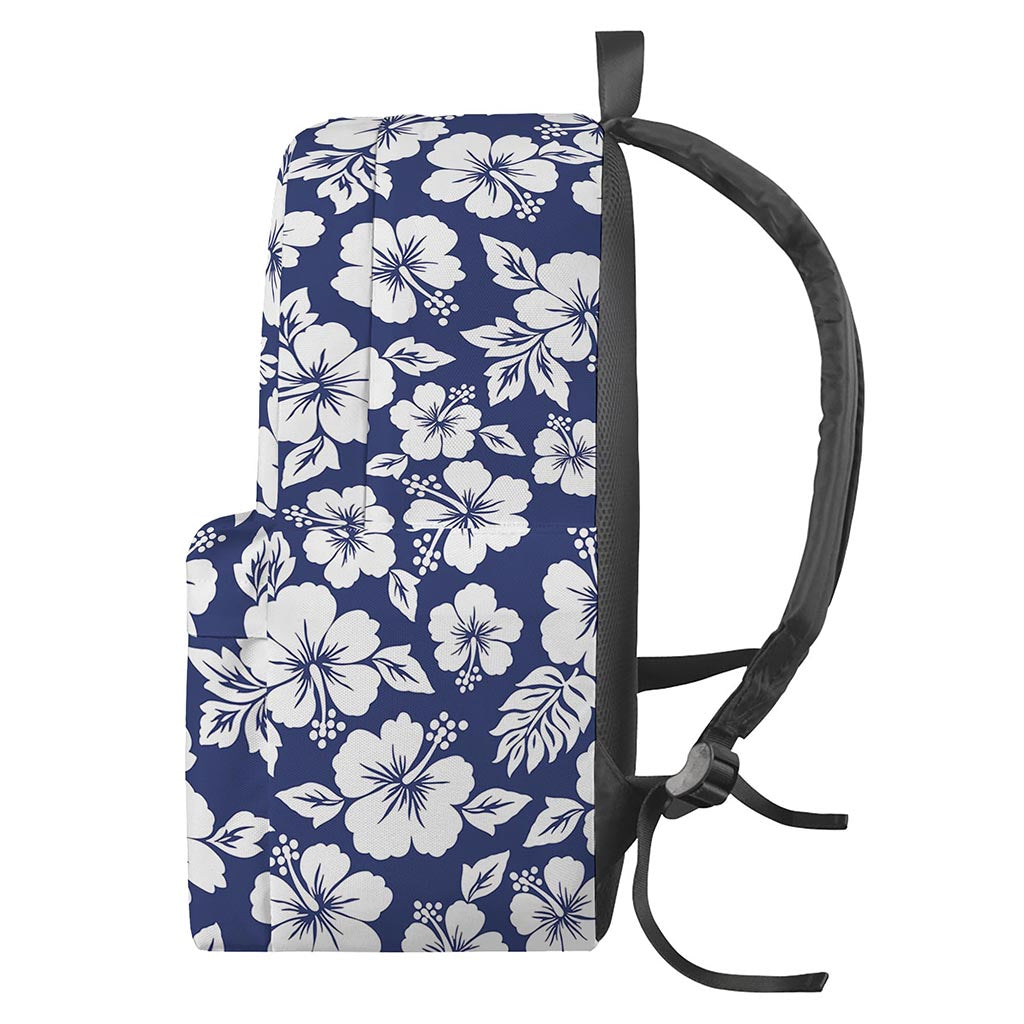 White Blue Hibiscus Floral Pattern Print Backpack