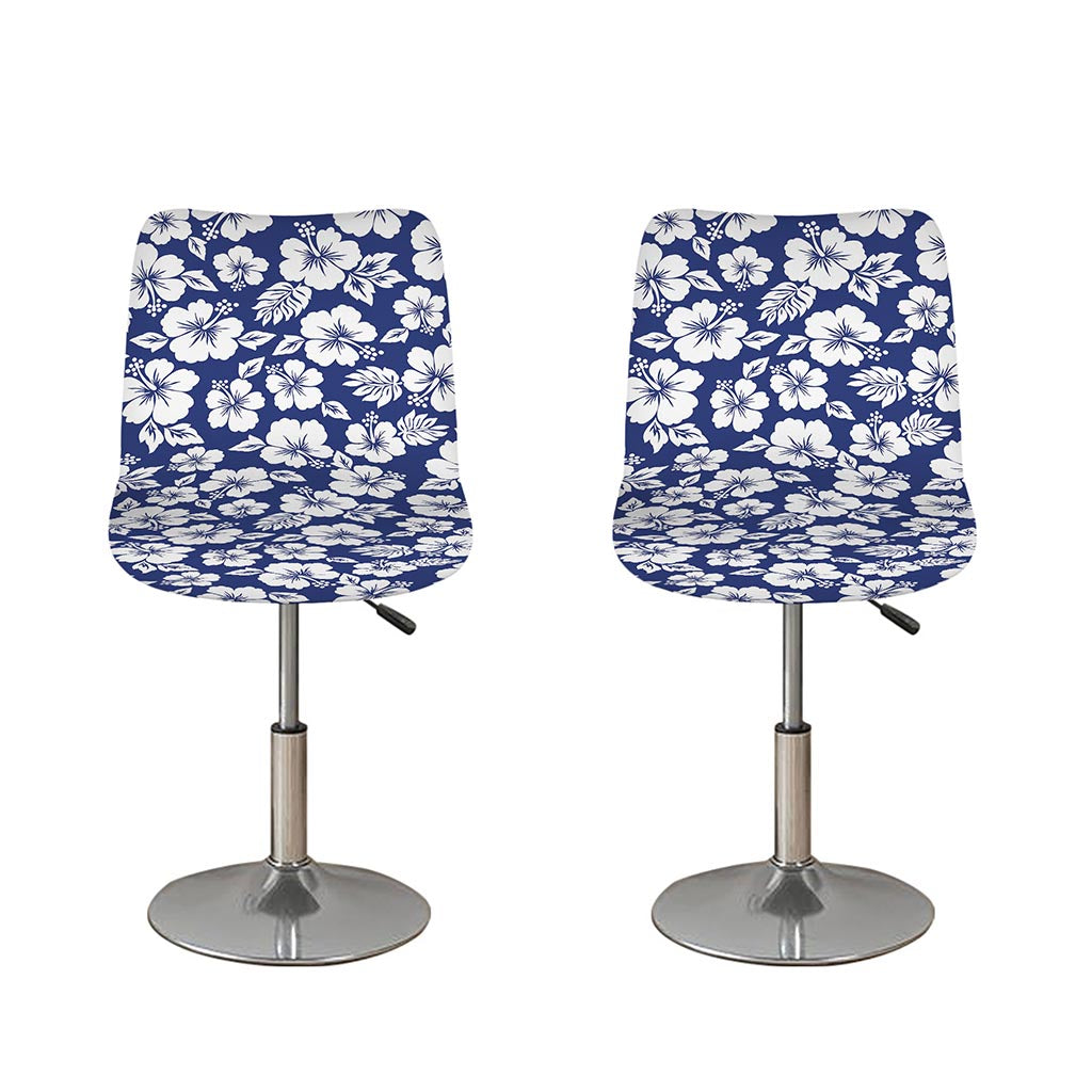 White Blue Hibiscus Floral Pattern Print Bar Stool Covers