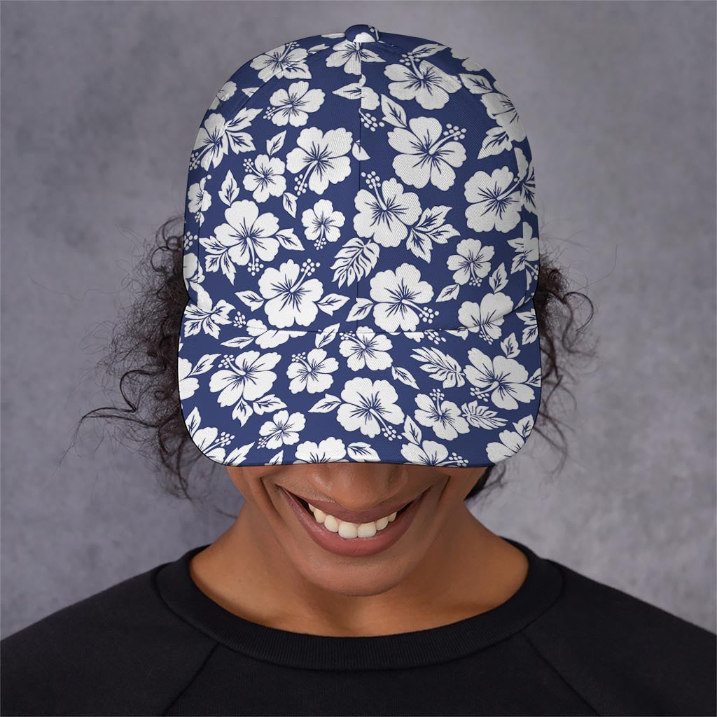 White Blue Hibiscus Floral Pattern Print Baseball Cap