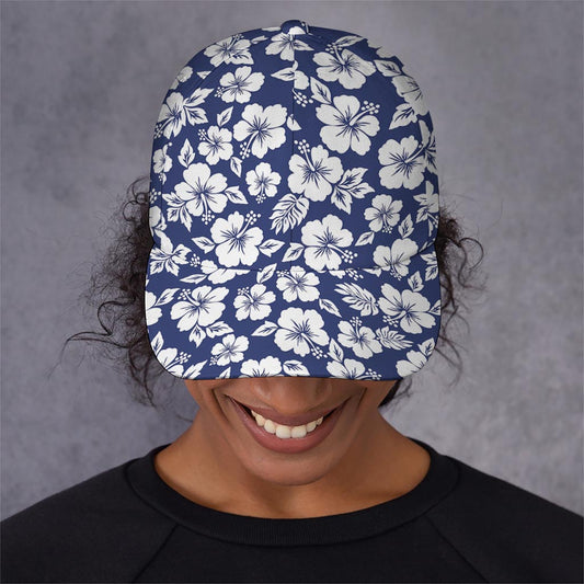 White Blue Hibiscus Floral Pattern Print Baseball Cap