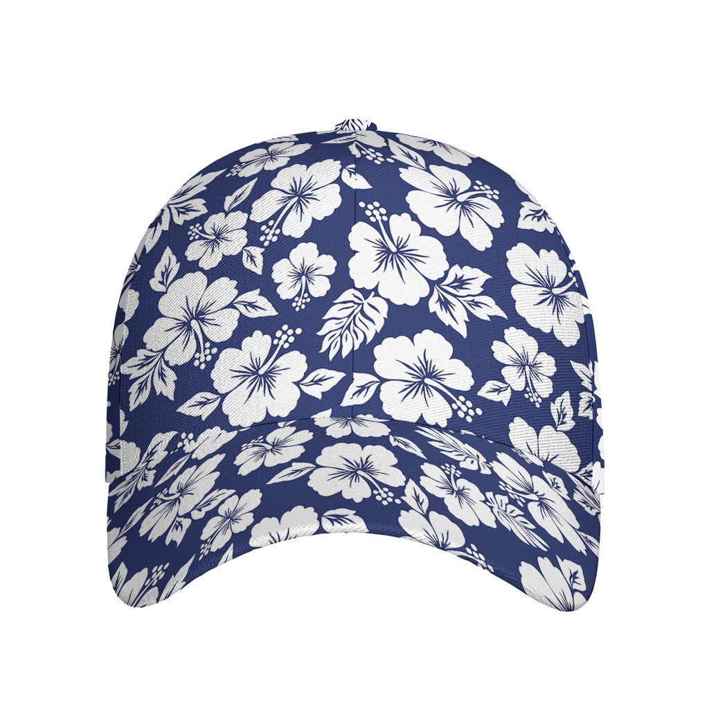 White Blue Hibiscus Floral Pattern Print Baseball Cap