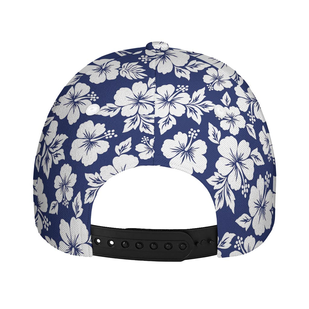 White Blue Hibiscus Floral Pattern Print Baseball Cap