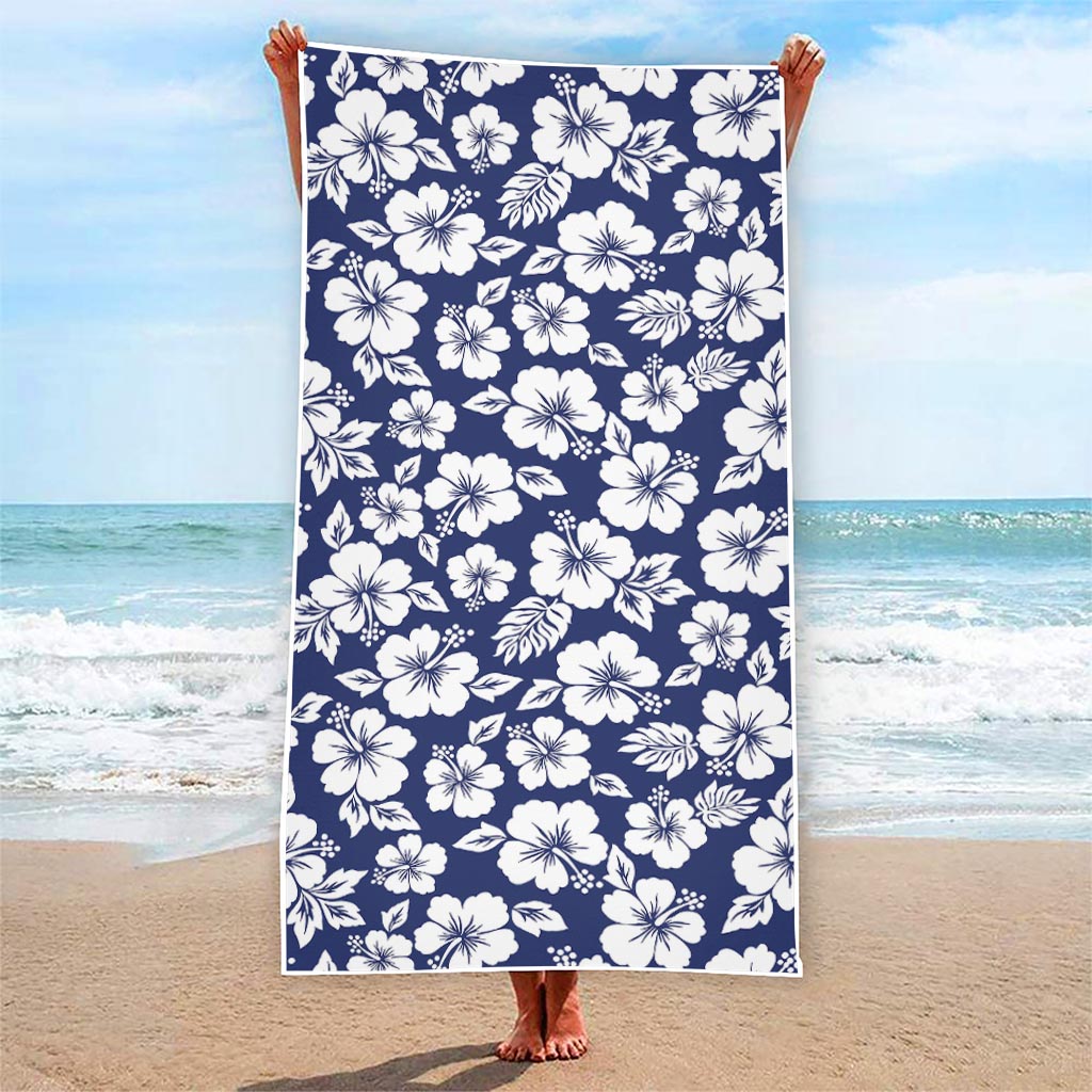 White Blue Hibiscus Floral Pattern Print Beach Towel
