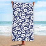 White Blue Hibiscus Floral Pattern Print Beach Towel