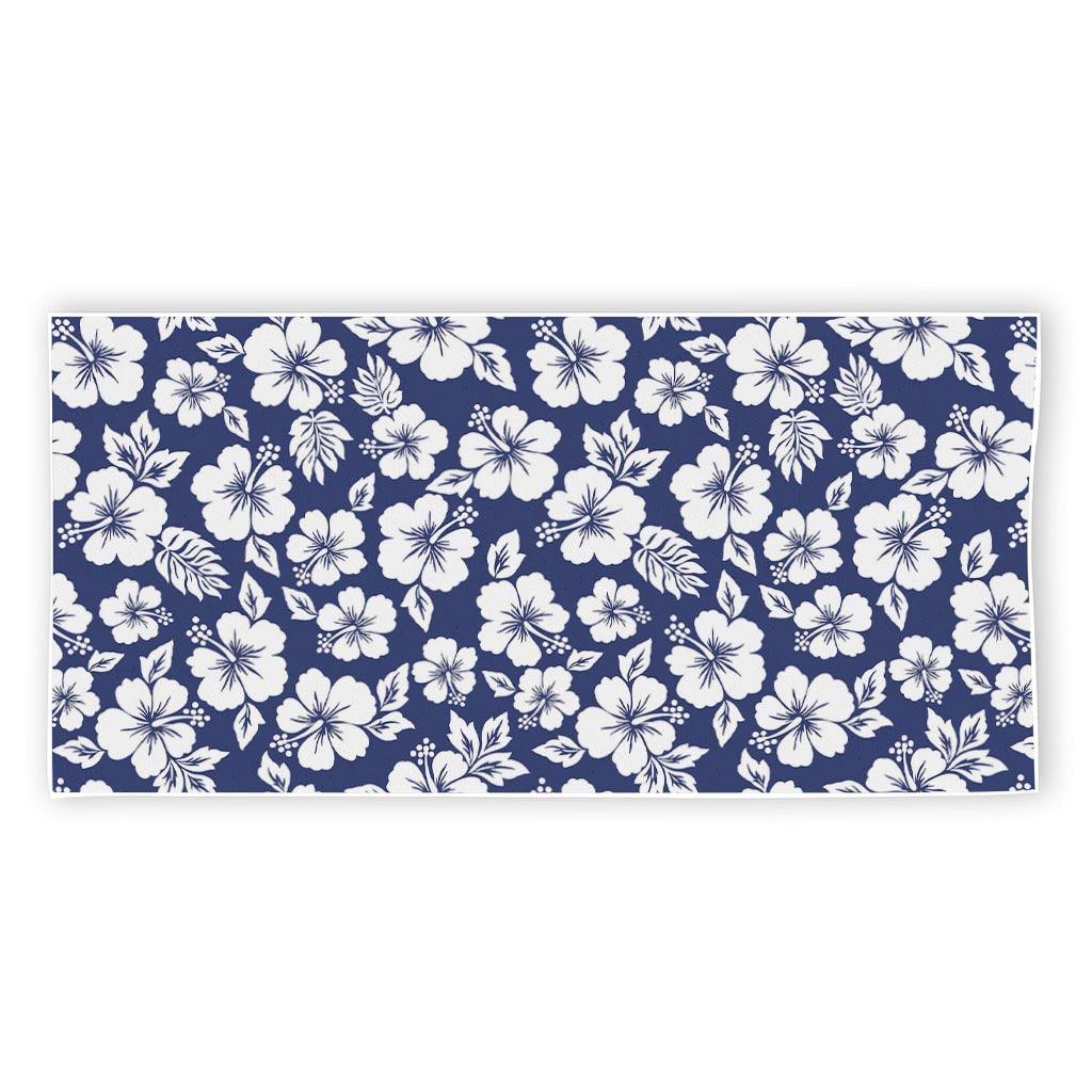 White Blue Hibiscus Floral Pattern Print Beach Towel