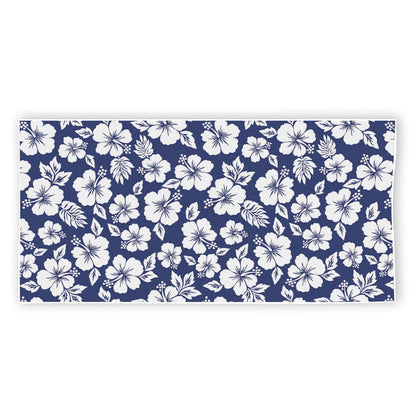 White Blue Hibiscus Floral Pattern Print Beach Towel