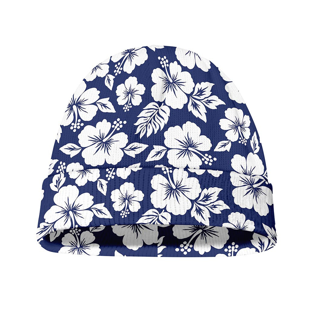 White Blue Hibiscus Floral Pattern Print Beanie