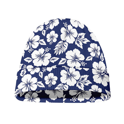 White Blue Hibiscus Floral Pattern Print Beanie