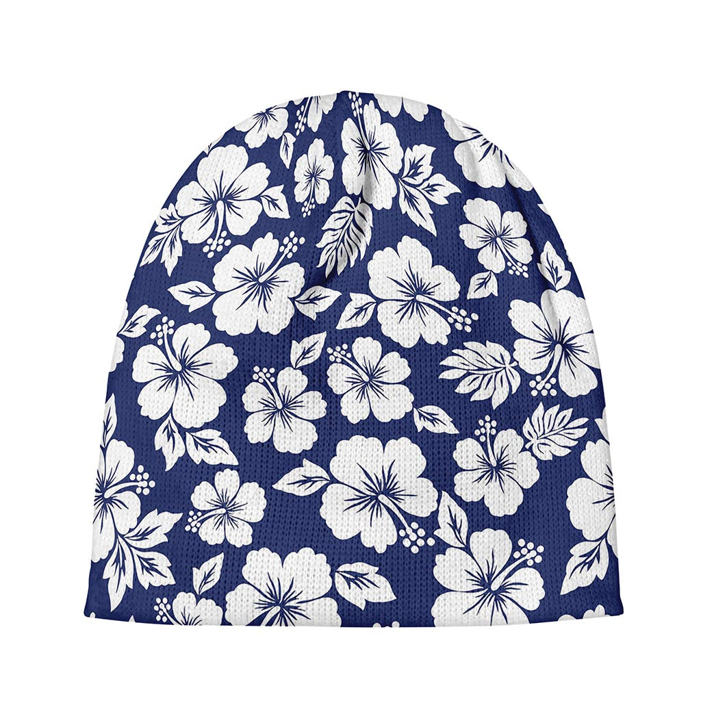 White Blue Hibiscus Floral Pattern Print Beanie