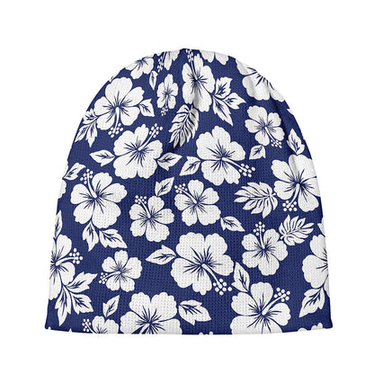 White Blue Hibiscus Floral Pattern Print Beanie