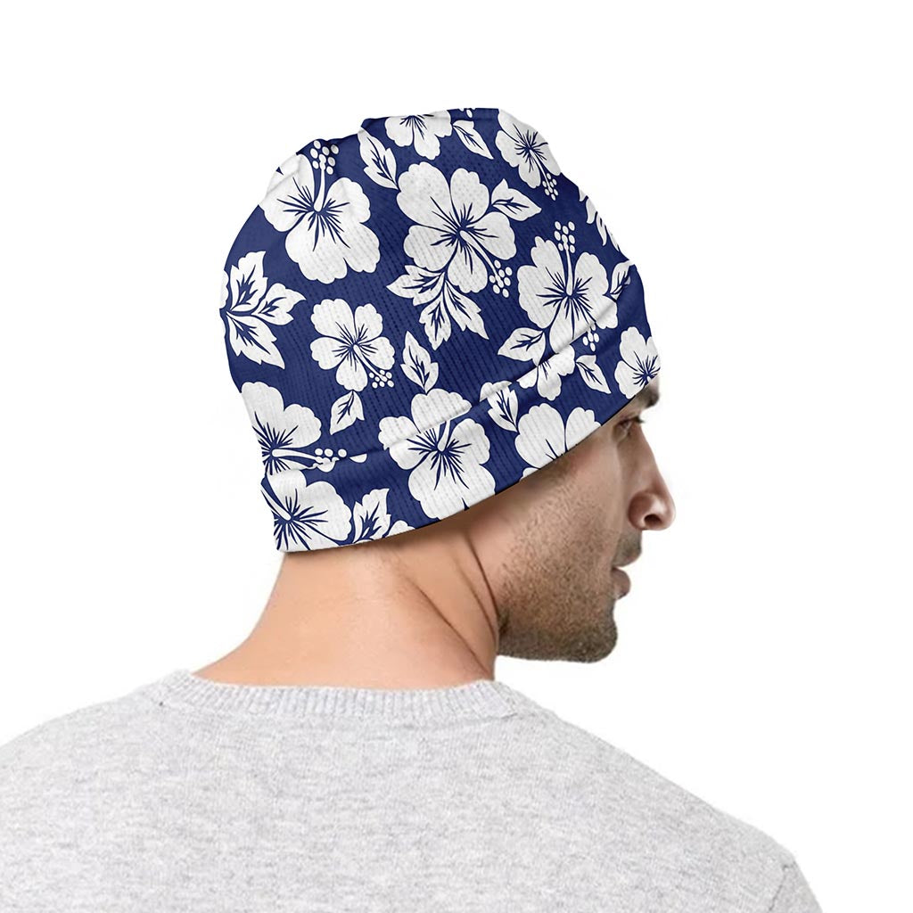 White Blue Hibiscus Floral Pattern Print Beanie