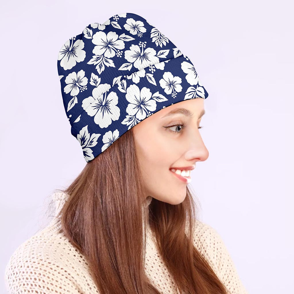 White Blue Hibiscus Floral Pattern Print Beanie