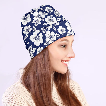 White Blue Hibiscus Floral Pattern Print Beanie